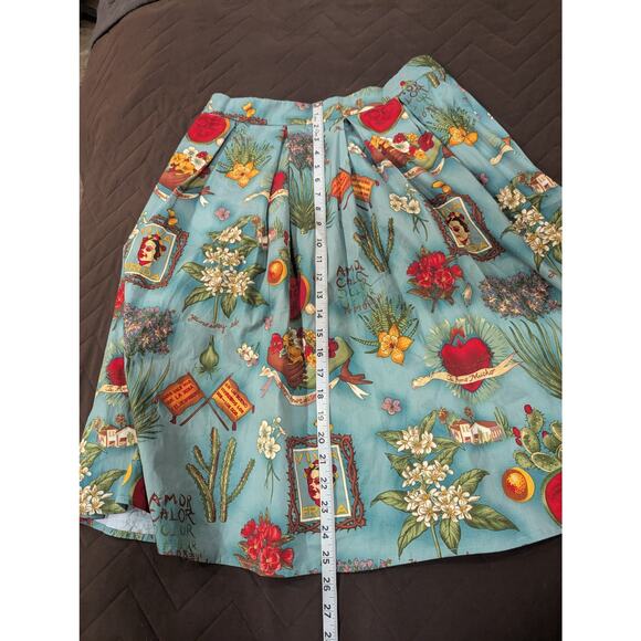 Blue vintage inspired Frida Kahlo printed A-line skirt size Large NWOT - Picture 6 of 8